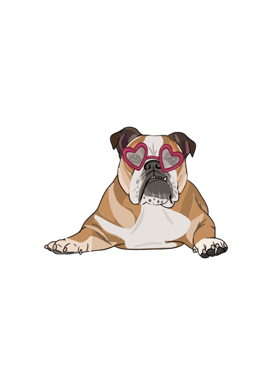 Cute bulldog illustration with heart-shaped sunglasses
